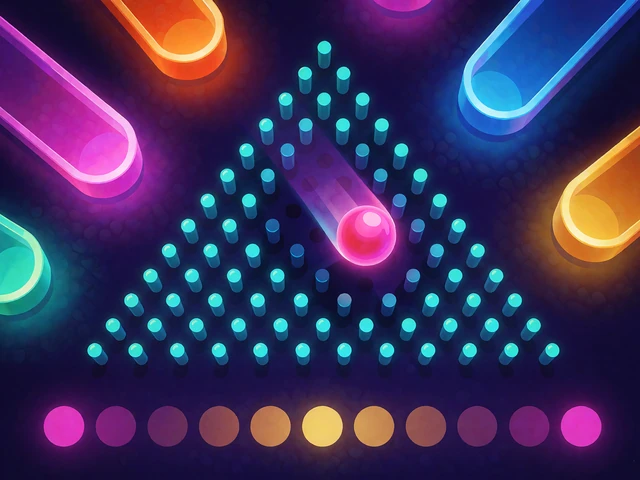 Pyramide af cyan pinde med en lyser&oslash;d kugle p&aring; vej ned mod farvede opsamlingsfelter fra magenta til guld