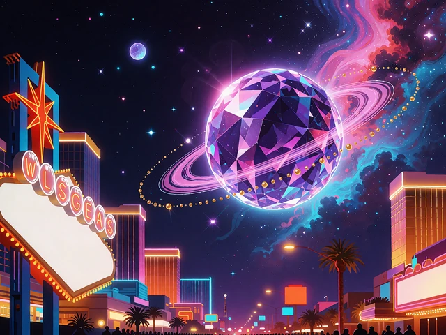 Kantet krystalplanet i violet med ring af sm&aring; guldsten og lyser&oslash;d t&aring;ge, illustration til slots fra flere udviklere