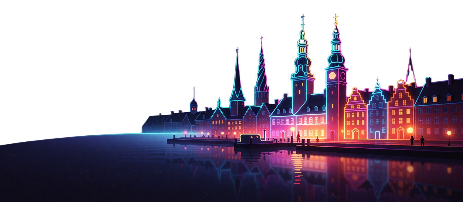 Neonoplyst skyline med k&oslash;benhavnske spir og t&aring;rne, der spejler sig i havnevandet om natten