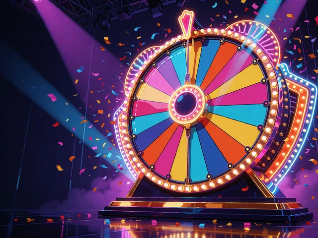 Stort game show-hjul med farvede segmenter, ringe af marquee-p&aelig;rer, konfetti og spotlys p&aring; violet scene