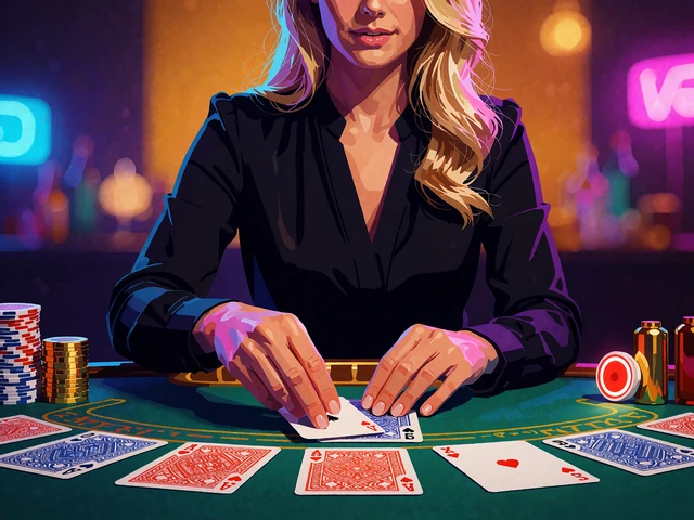 Blond dealer i sort bluse deler kort ud p&aring; gr&oslash;nt filtbord i et live casino-studie med ravfarvet lys
