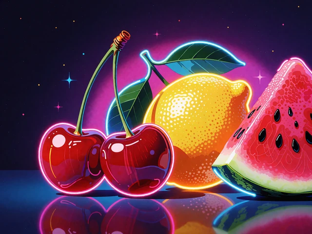 R&oslash;de kirseb&aelig;r, citron og vandmelon med neonkant i pink og cyan, klassisk frugtslot fra Pragmatic Play
