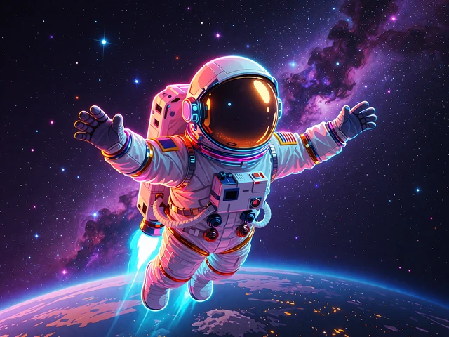 Glad astronaut med guldvisir og cyan jetpack sv&aelig;ver foran violet t&aring;ge og en gl&oslash;dende planethorisont