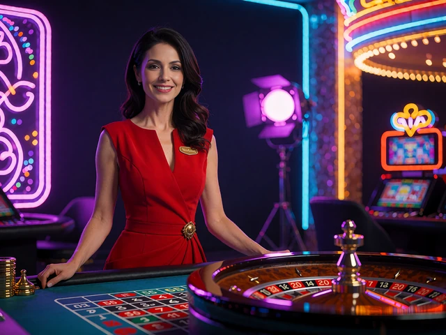 Smilende croupier i r&oslash;d kjole bag et live roulettebord med violette LED-paneler i baggrunden