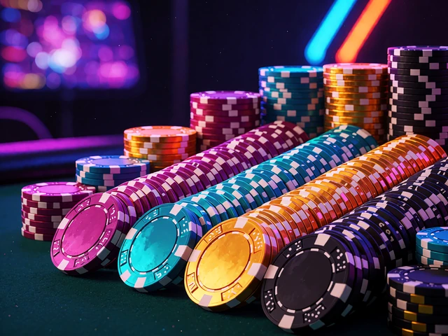 Stakke af casinochips i magenta, cyan og guld p&aring; gr&oslash;nt filt i et neonbelyst Evolution live-studie