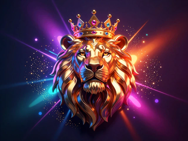 Gyldent l&oslash;vehoved med juvelkrone foran violette lysstr&aring;ler, illustration til Hold & Win-slots